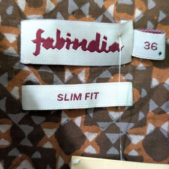 Fabindia Geometric Print Cotton Kurta Shirt Mandarin Collar roll-up tab Slim Fit - Picture 9 of 9